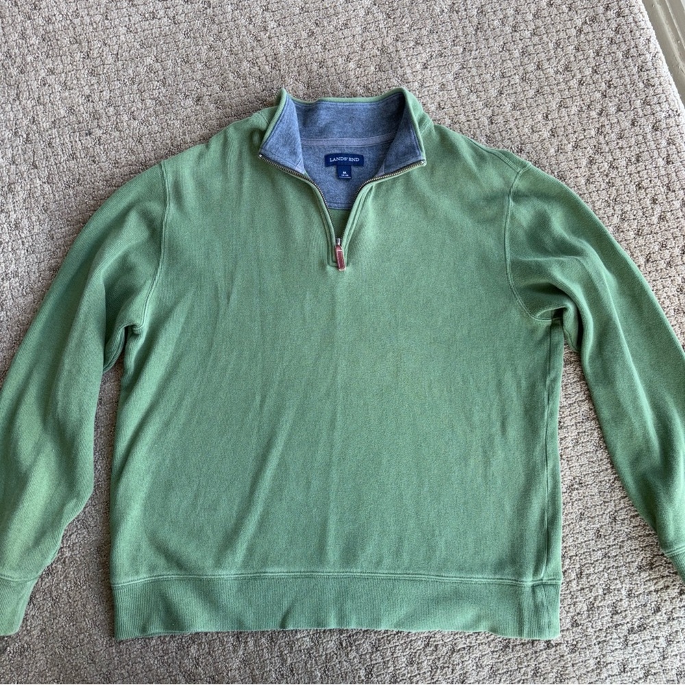 Lands' End Men's Green Quarter-Zip Sweater sizes XL leather pull warm knit thick